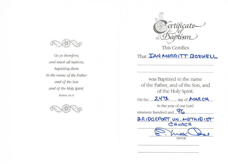 Ian's Certificate of Baptism